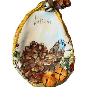 Oyster Shell Ornament Believe  Christmas Oyster Shell Statement Oyster Shell Decoupage Oyster Shell Christmas Gift Ready To Ship