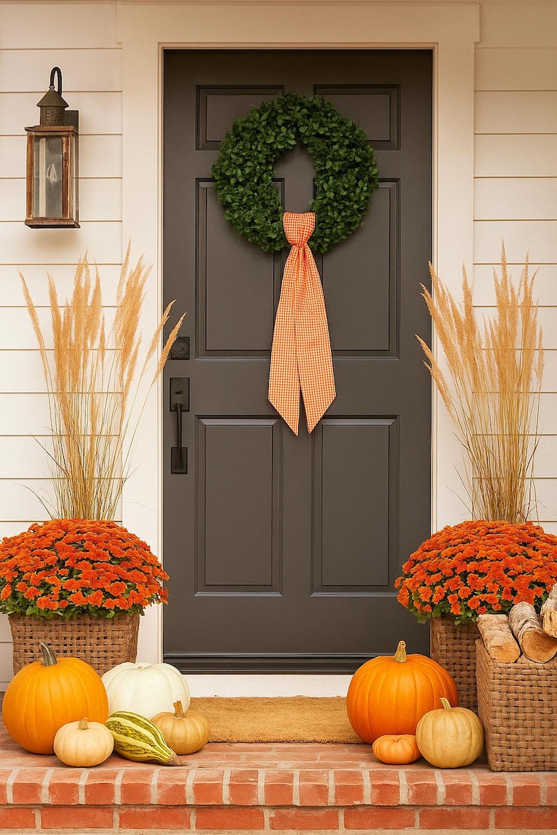 May include: A dark gray front door features a green wreath with an orange gingham ribbon. The entryway includes two woven baskets filled with orange chrysanthemums and tall dried grasses, alongside several orange and white pumpkins and gourds.