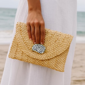 Oyster Shell Clutch  Straw Clutch with Animal Print Oyster Shell Accent Ships 1 Business Day