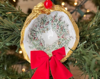 Oyster Shell Christmas  Ornament Wreath Christmas Oyster Ornament Seashell Decoupage  Oyster Shell Ready To Ship