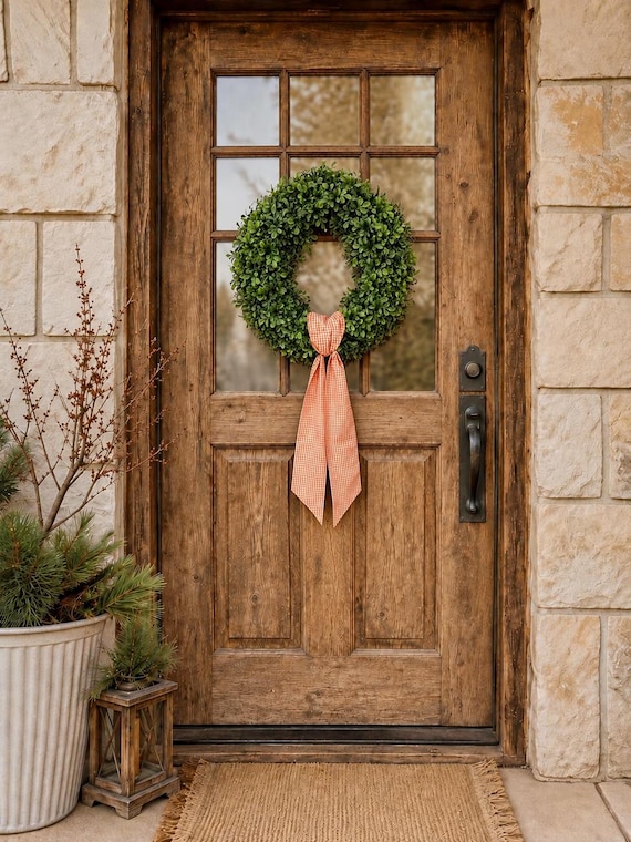 Wreath Sash Orange And White Gingham Front Door Decor