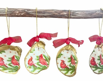 Oyster Shell Ornament  Christmas Oyster Ornament  Seashell Decoupage Cardinal Oyster Ornament Ready To Ship