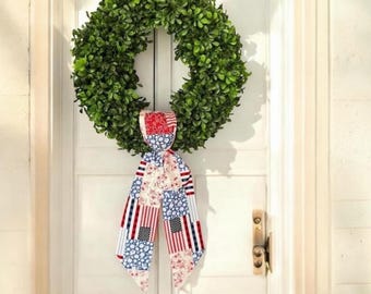 Patriotic Patchwork Wreath Sash | Red White Blue Americana Decor