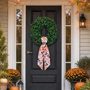 May include: A black front door is adorned with a green wreath and a decorative scarf featuring a butterfly pattern in shades of orange and brown. Pumpkins and mums in pots flank the entrance, creating a fall-themed display.