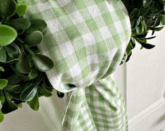 Wreath Sash Green And White Checked   Spring|Summer Front Door Decor