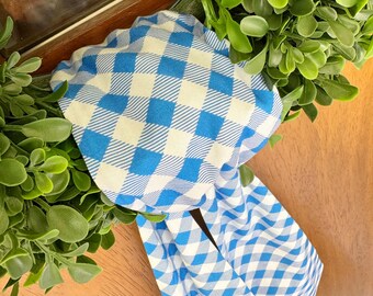 Blue & White Gingham Wreath Sash, Cotton Bias Decor