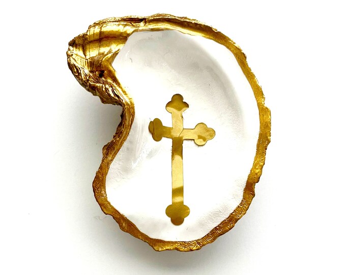 Oyster Shell Ring Dish Cross Ring Dish Seashell Jewelry Holder Gold
