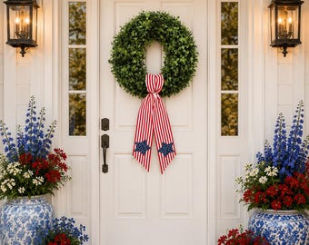 Patriotic Wreath Sash: Striped Cotton With  Fabric Star Appliqués