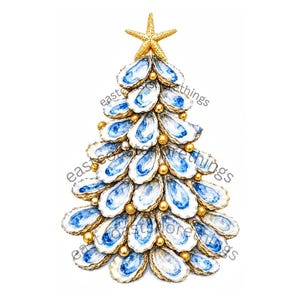 Printbare kerstboom van blauwe oesterschelpen | 7,5 x 10 cm digitale download | Cadeaulabel met kustthema | Decoupage kunst