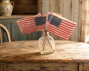 Primitive Ticking Stripe American Flags | Coffee Dyed, Birch Stick Decor