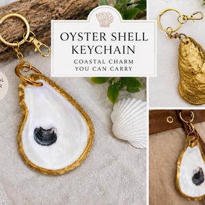 Handmade Oyster Shell Keychain | Gold Trim Coastal Key Ring | Natural Oyster Shell Bag Charm | Coastal Gift | Beach Lover Accessory
