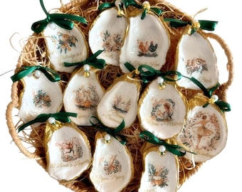 Decoupage Oyster Shell Christmas Ornament Set: 12 Days of Christmas