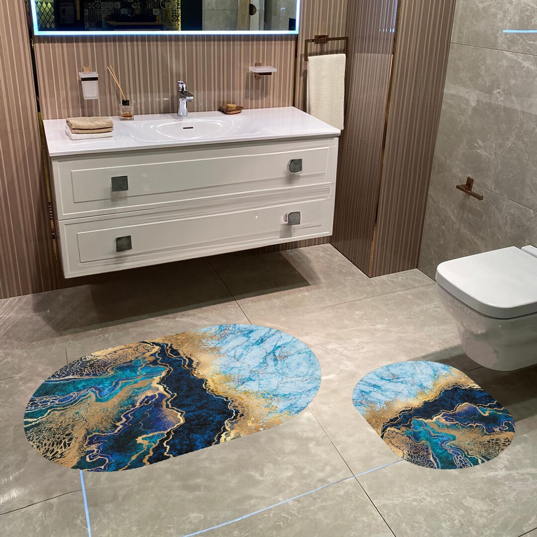 2-piece Blue and Gold Marble Bathroom Rug Set, Elegant Non-slip Bath ...