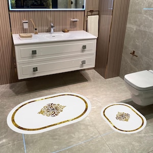 Weiß und Gold Badezimmer Teppich Set 2-teilig Luxus Badematten Set Gold Medaillon Design Wasserabsorbierende rutschfeste Badezimmer Teppiche Moderne Wohnkultur