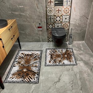 Modern Palm Leaf Design Bathroom Mat Set – 2-Piece Non-Slip Washable Rugs, Custom Sizes Available, Trendy Bath Mats for Contemporary Homes
