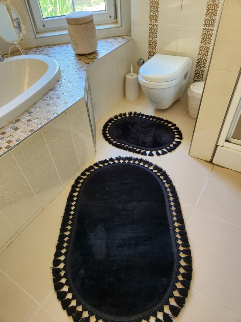 Fringed Soft Plush Black Bathroom Rug Set - Elegant Oval Design With ...