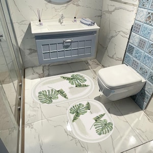 Green Monstera Leaf Design 2-Piece Oval Bathroom Rug Set, Washable Non-Slip Bathroom Mat, High-Quality Tropical Modern Bathroom Decor