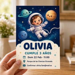 May include: A colorful invitation card featuring a cartoon astronaut floating in space with planets. The card reads "OLIVIA CUMPLE 3 AÑOS" with the date, time, and location of the party. The card is held by a person.
