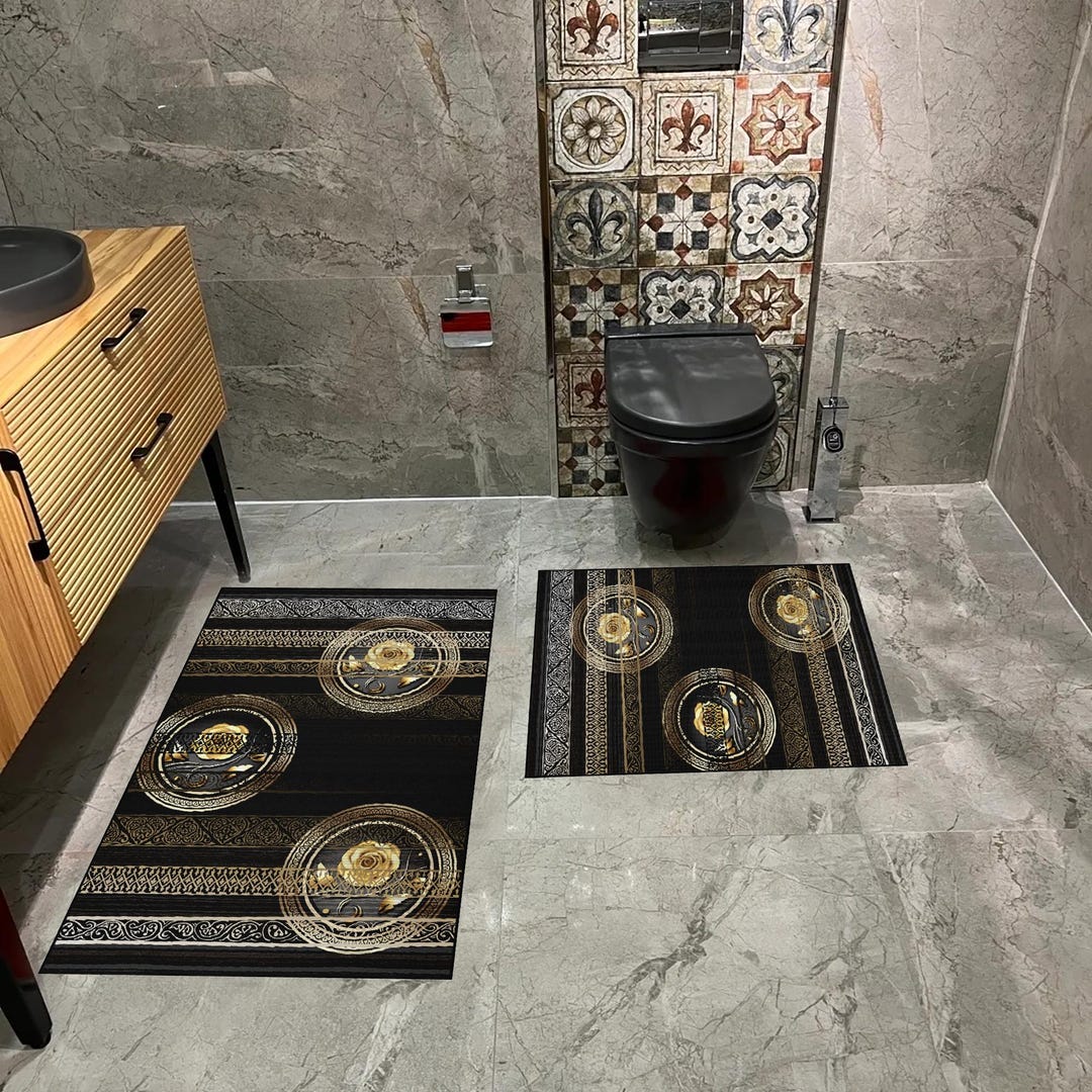 Elegant Black and Gold Bathroom Rug Set Royal Design Washable Nonslip