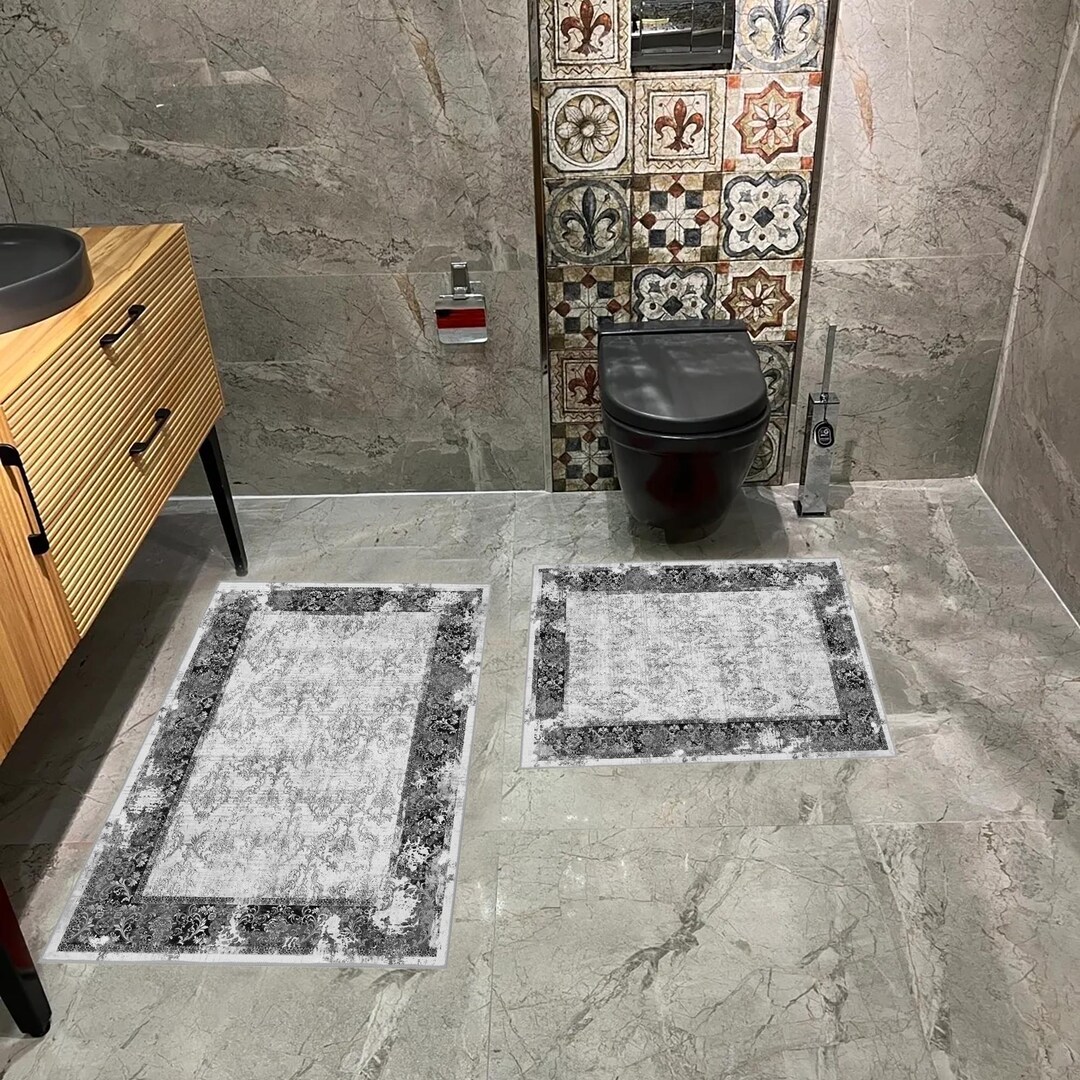 Elegant Black and White Bathroom Rug Set Non-slip, Washable, High-quality Digital Print, Durable ...