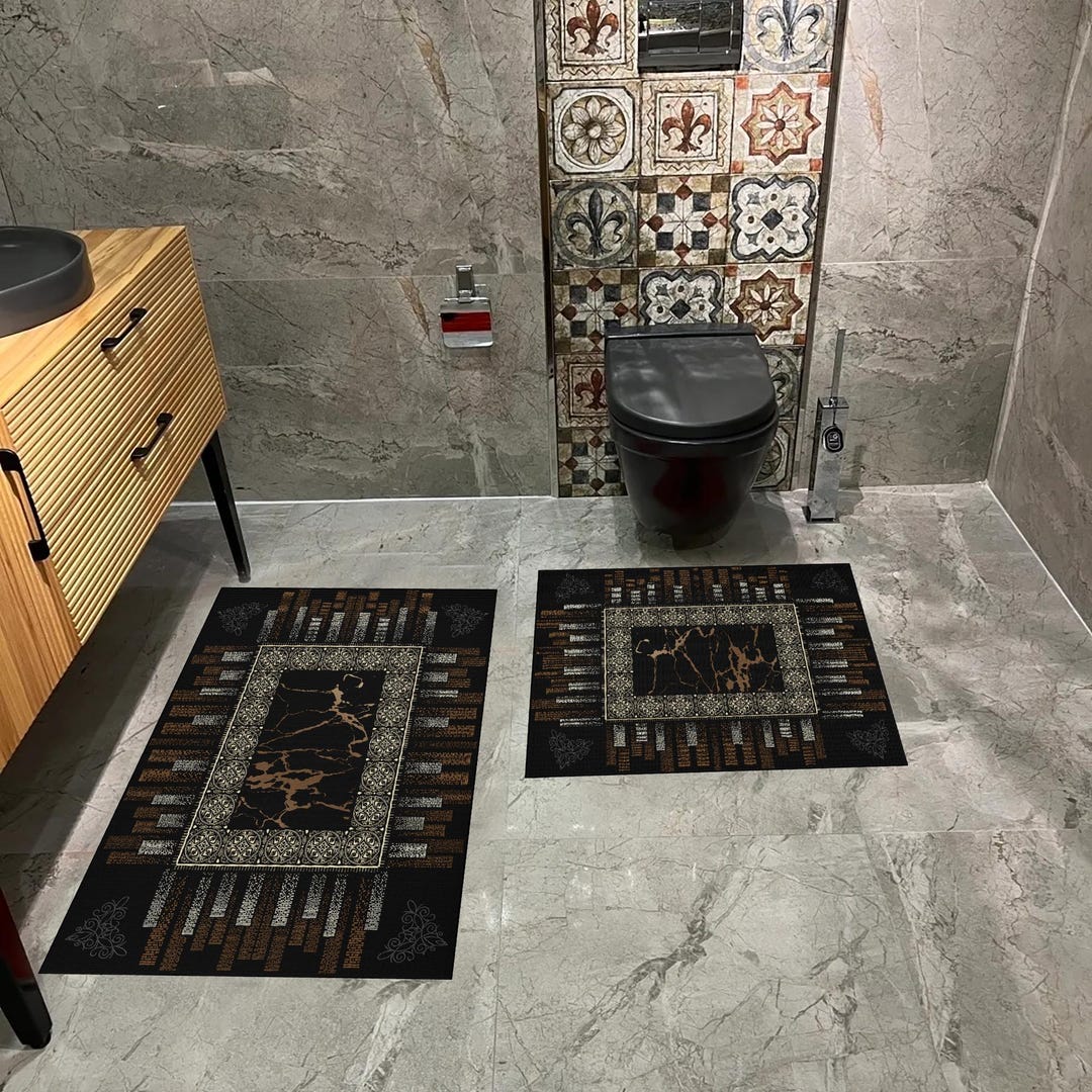 Elegant Black & Gold Bathroom Rug Set - Digital Print, Non-slip ...