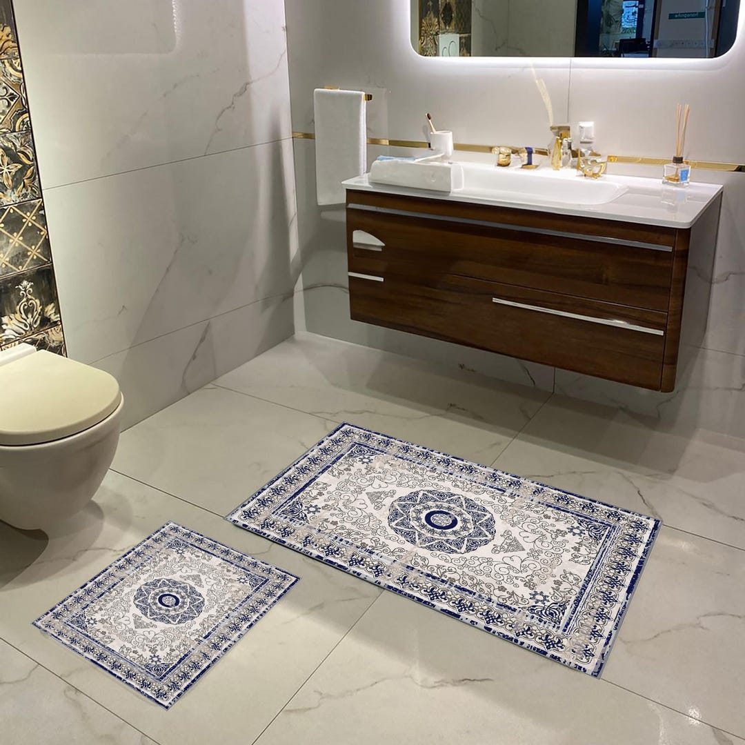 Classic Blue and White Bathroom Mat Set 2piece Nonslip Washable