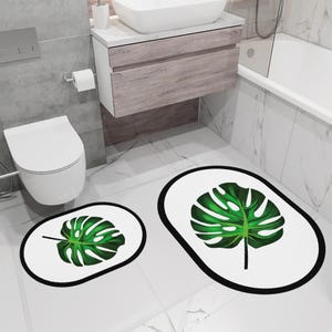 Tropical Leaf Bathroom Rug Set, 2-Piece Monstera Bath Mat Set, Soft Non-Slip Water-Absorbent Bathroom Carpets, Modern Botanical Home Decor