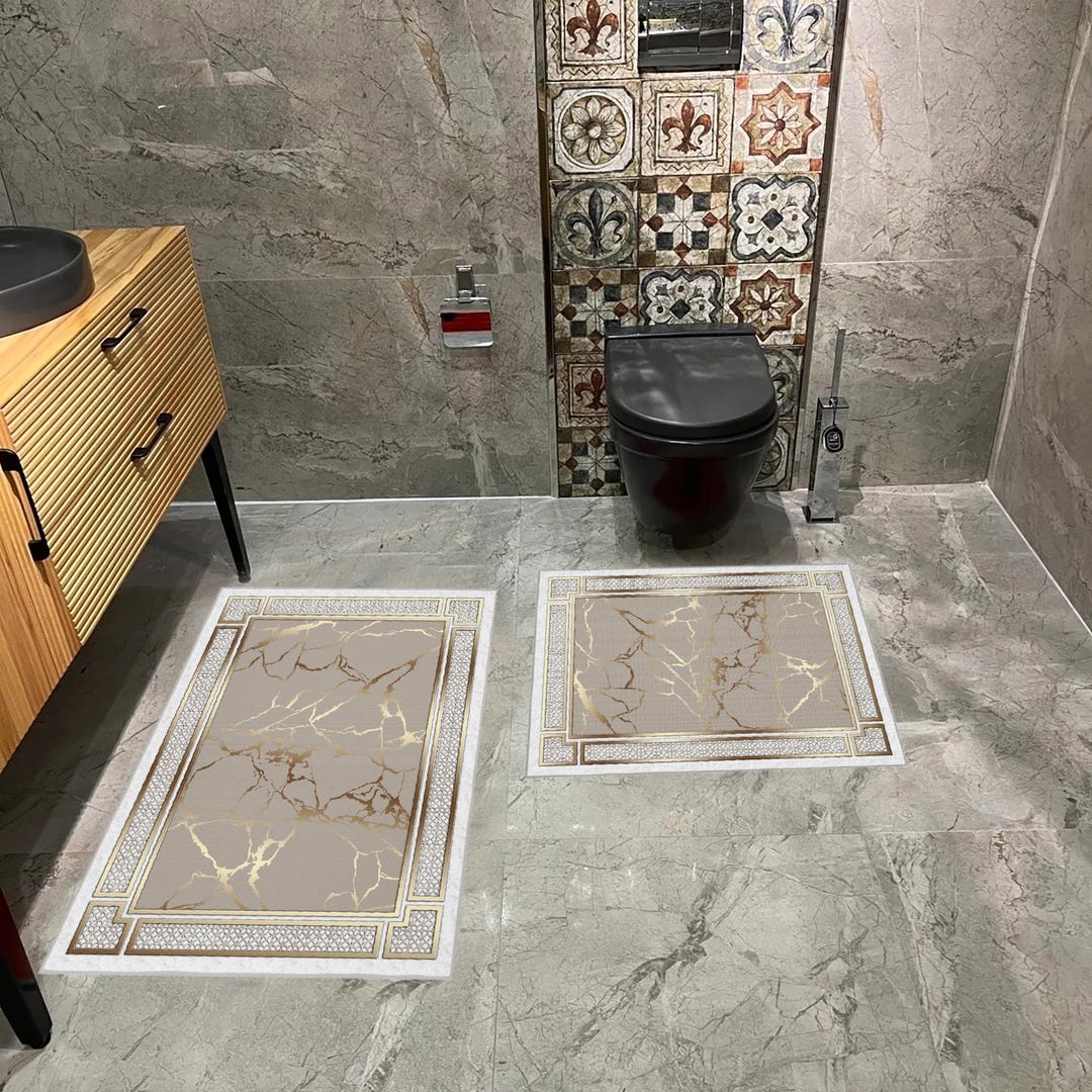 Luxury Marble Bathroom Mat Set 2piece Nonslip Washable Rugs, Gold and
