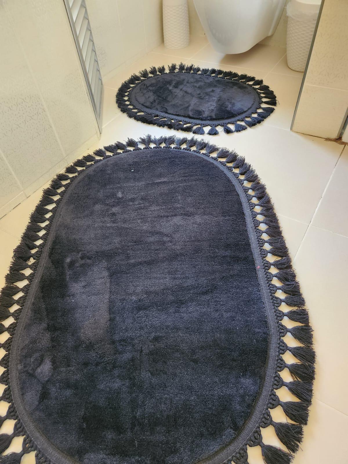 Fringed Soft Plush Black Bathroom Rug Set - Elegant Oval Design With ...