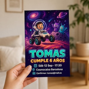 May include: A colorful invitation card featuring a cartoon astronaut in a space rover, with the name "TOMAS" in large turquoise letters. The card also includes the text "CUMPLE 6 AÑOS" and event details.