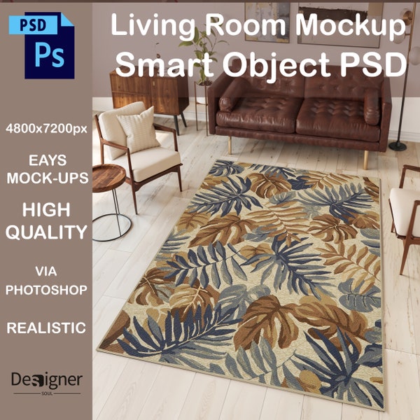 PSD Rug Mockups - Insert Design - High Quality - Rectangular Rug - Smart Object PSD Carpet Mock-ups Living Room Rug Mockup Photoshop File