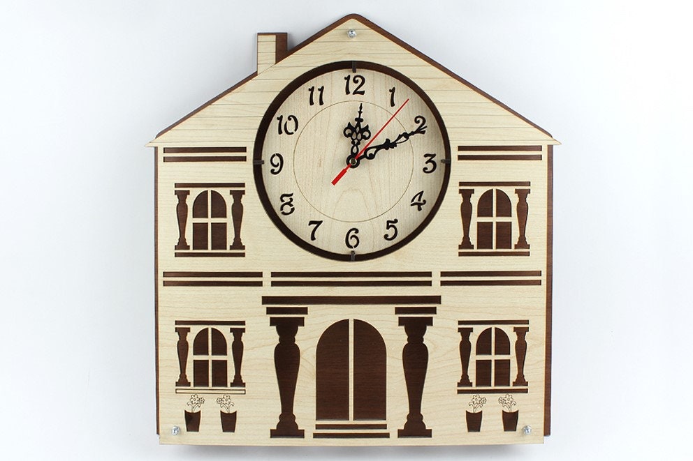 Wooden Wall ClockHouse Shaped Wall ClockHome ClockOffice Etsy