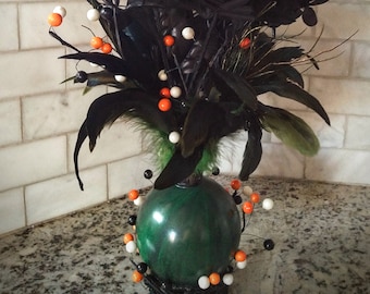 Faux Floral Centerpiece 'Wicked Witch' Green, Black, and Orange