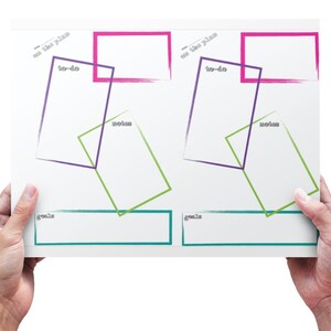 May include: A white sheet of paper with two sets of overlapping squares. The squares are outlined in pink, purple, and green. The text "on the plan" is written on the top of each set of squares.