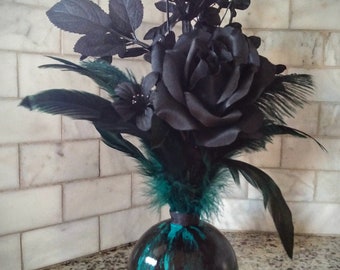 Faux Floral Arrangement teal, and black; Unique and Handmade