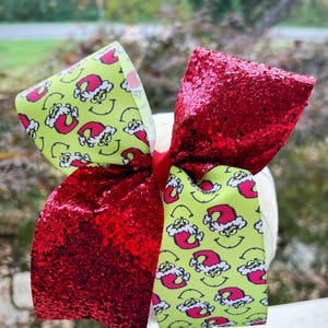 Grinch Inspired hair bow, boutique hair bow, Cheer Style Christmas bow, Holiday Hair Accessories, Grinch Hair Bow, You’re A Mean One Bow