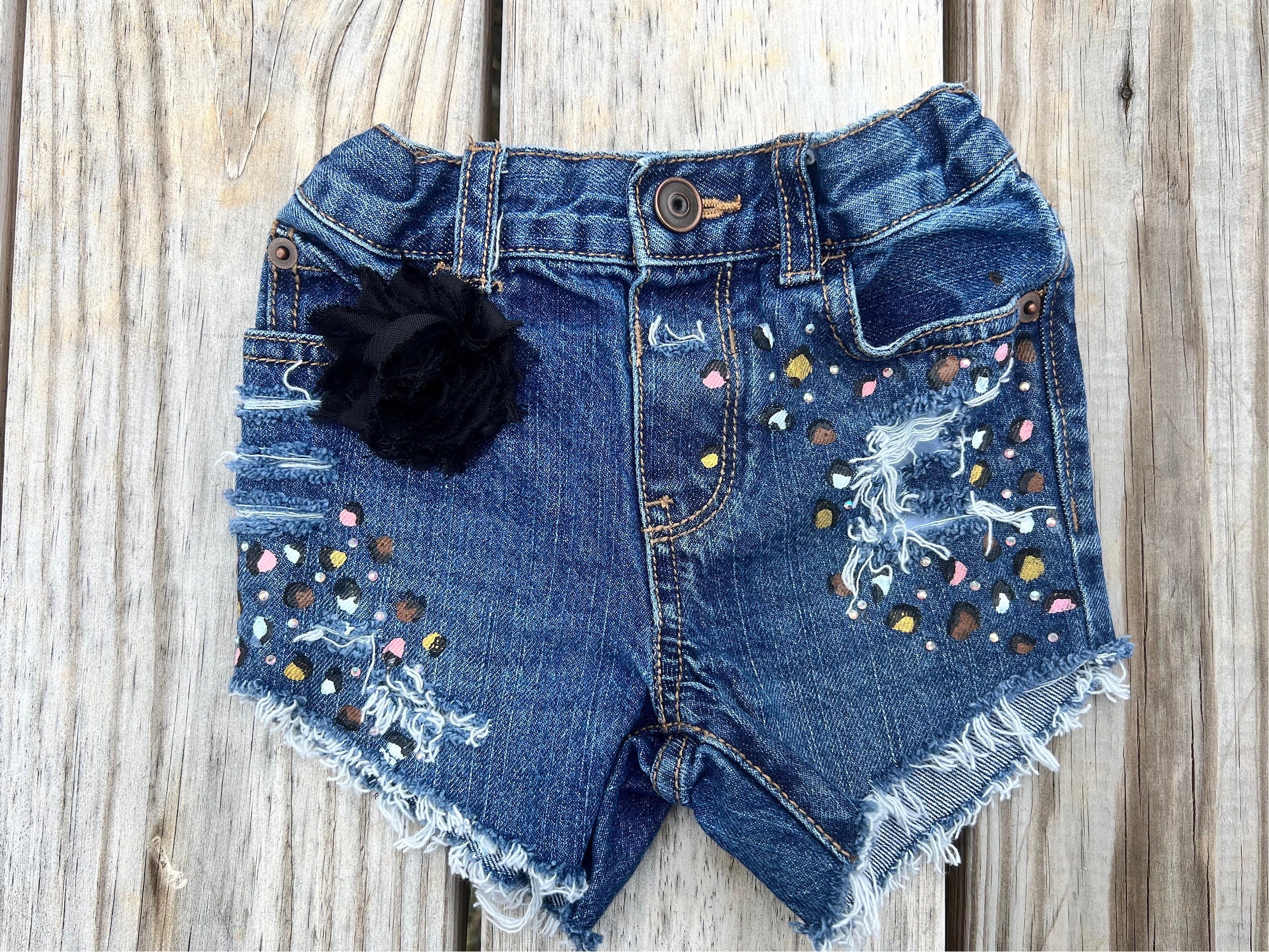 Baby Cheetah Print Denim Shorts: Distressed Fringe Design