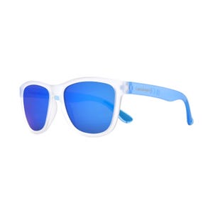 May include: White-framed sunglasses with blue mirrored lenses. The temples are a translucent blue, with a small logo on the side. The sunglasses have a classic, rectangular shape.