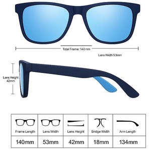 May include: Navy blue sunglasses with blue mirrored lenses. The total frame is 140 mm, lens width is 53 mm, and lens height is 42 mm. The arm length is 134 mm. The sunglasses have a classic rectangular shape.