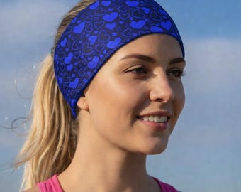 Workout Headband, Running Headband, Yoga Headband, Woman Headband, Bandana Headband, Fitness Headband, Women’s Headband, Blue Love Hearts