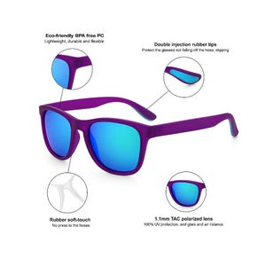 May include: Purple sunglasses with blue mirrored lenses. The sunglasses have a square frame and are made of lightweight, durable, and flexible material. Features include rubber soft-touch and double injection rubber tips. The lenses offer 100% UV protection.
