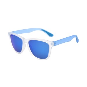 May include: Sunglasses with a clear frame and blue mirrored lenses. The temples are light blue with a textured detail near the hinges. The sunglasses have a modern, sporty design.