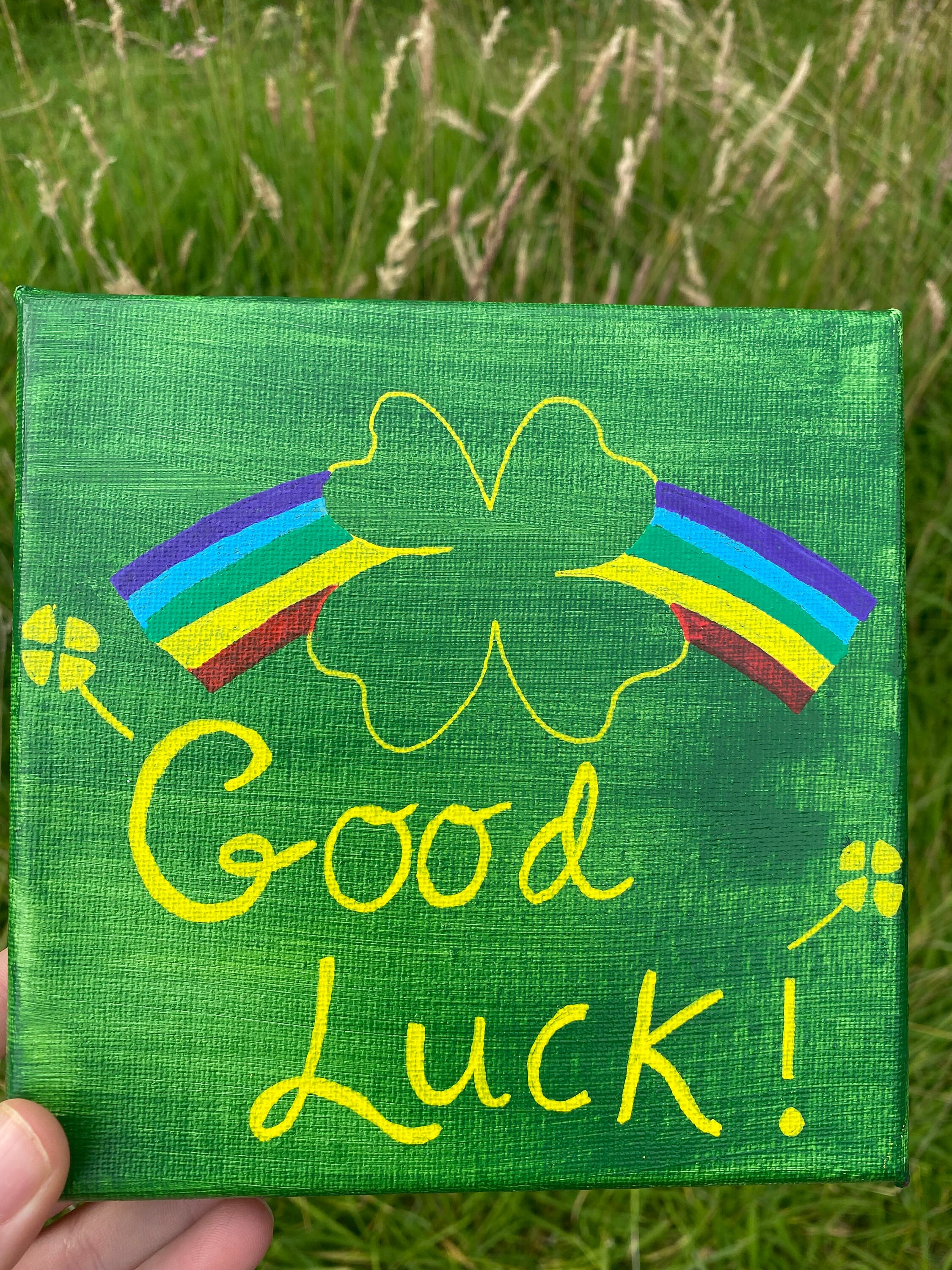 Good Luck message Handmade Canvas in green yellow and rainbow Etsy