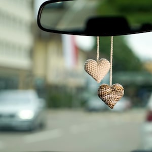 Hearts Beige Rearview Mirror, Car Reverse Accessory, Rear View Mirror Charm, Car Decoration, Crochet Pendant