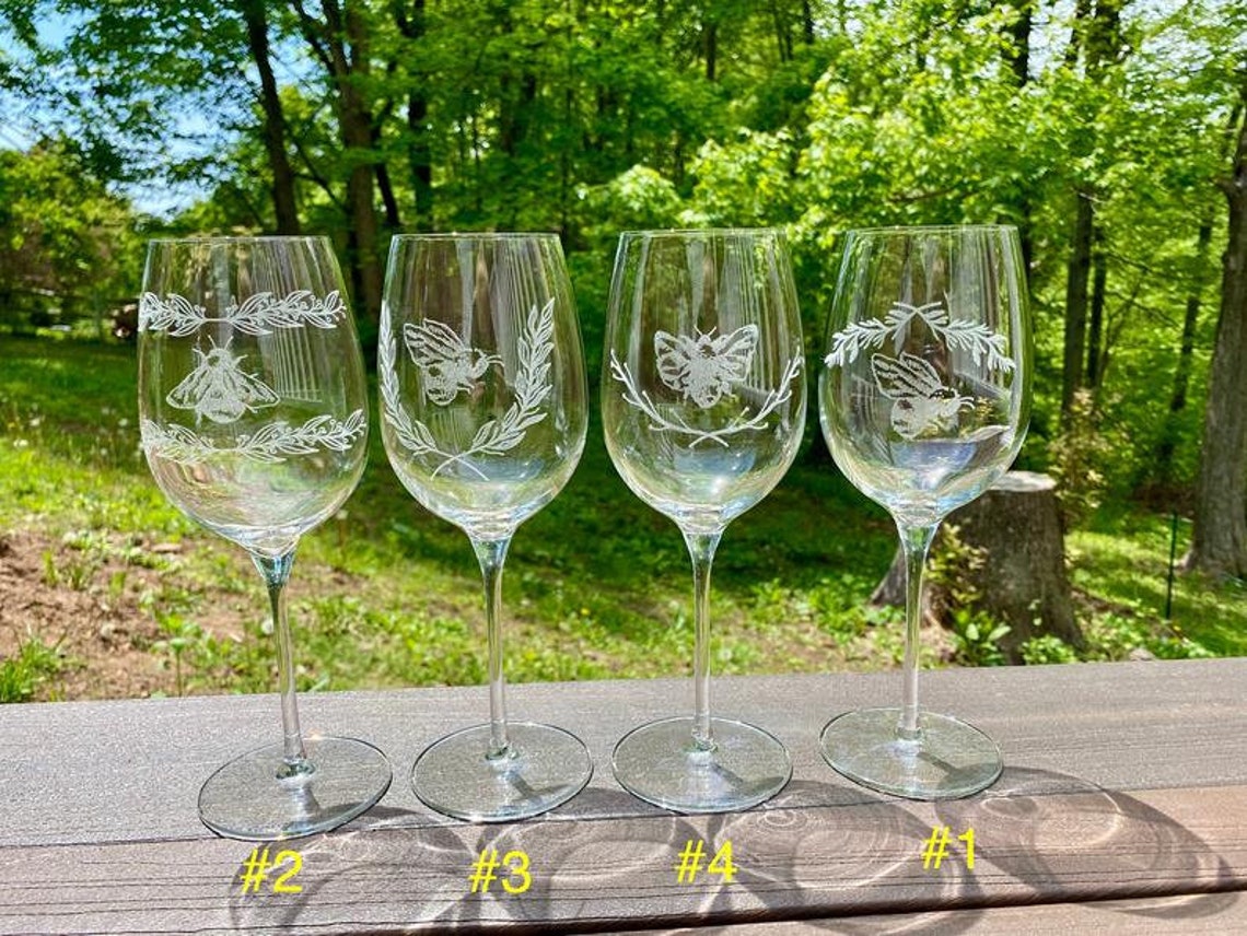 Laser Engraved Bee Wine Glasses Set of Four Bee Themed Gift Etsy