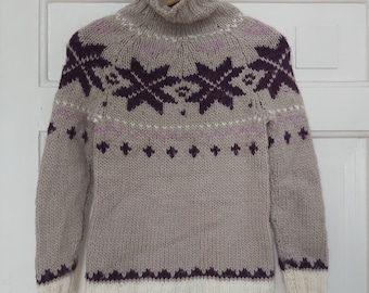 Suéter de cuello alto de lana islandesa tejido a mano, jersey Fair Isle (talla S)