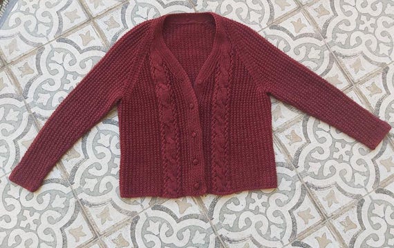 Burgundy Red Vintage Hungarian Hand-knit Folk Cardigan Pure Wool  