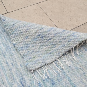 100% pure sheep&#39;s wool thick and fluffy handwoven Hungarian folkweave rug 172 x 75 cm subtle blueish colors blue hues