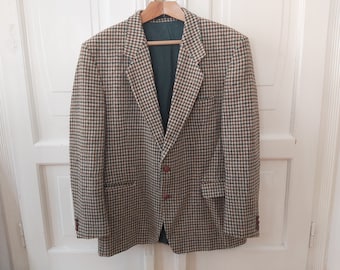 Mens vintage Harris Tweed pure wool jacket blazer green and brown size EU 54 / L leather buttons