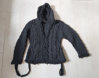 Hand-knit hooded pure wool dark grey womens cardigan sweater hoodie Made in Ireland size L